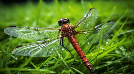 Graceful dragonfly resting on vibrant green grass in natural setting - serene wildlife photography
