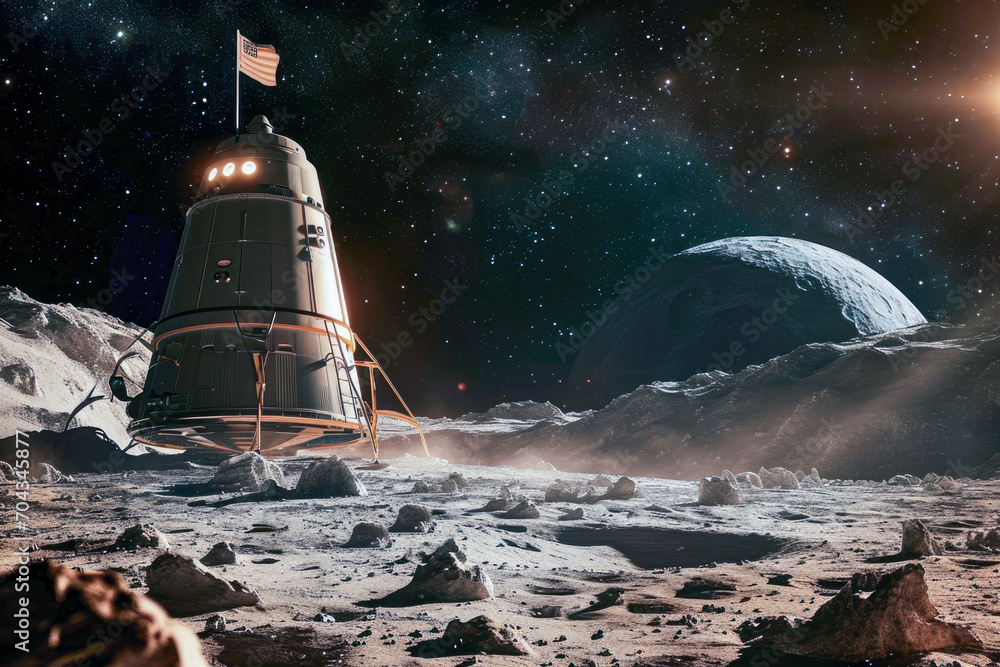 Poster spaceship landing on the moon and deploying a flag