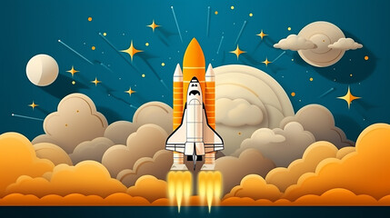 paper art style of the space shuttle taking off in space. start up concept