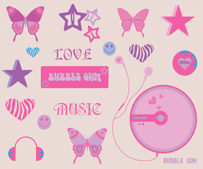 Y2k pink elements Butterfly, heart, stars,bubble gum,music,headphones,walkman and other elements in trendy 2000s style. Vector icon. 90s. Pink pastel colors.Clipart.