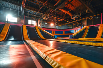 thrilling indoor trampoline park where kids can bounce, flip, and soar through the air - obrazy, fototapety, plakaty
