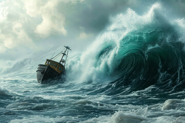 tsunami and a boat on a huge wave - obrazy, fototapety, plakaty