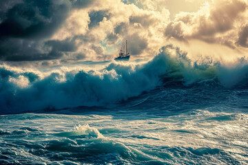 tsunami and a boat on a huge wave