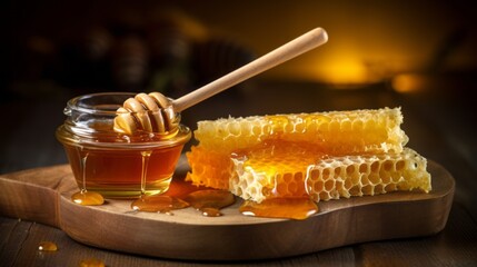 Close-up of fresh honey with honeycomb - sweetness from nature's bounty - obrazy, fototapety, plakaty