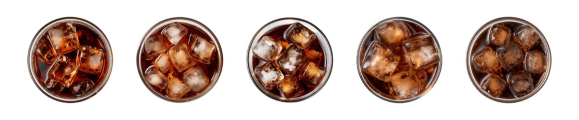 Collection of a glass of iced cola or iced tea isolated on a transparent background, top view - obrazy, fototapety, plakaty