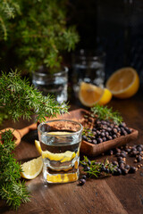 Gin with ingredients on an old wooden table.