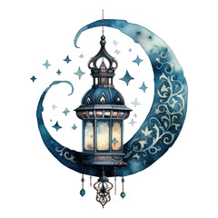 Hand drawn watercolor illustration of Ramadan Kareem greeting card with arabic lantern.