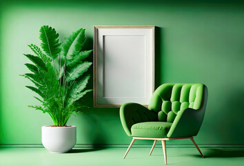 Interior poster blank mockup frame hanging on the green wall with green armchair and plants.