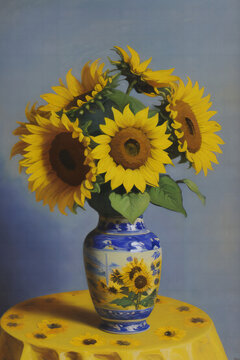 a beautiful still life photograph of a bouquet of sunflowers in a painted vase. The sunflowers are at different stages of bloom and have bright yellow petals with dark brown centers. The vase is white