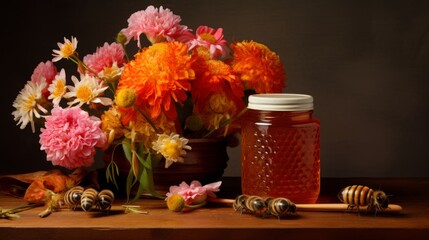 Floral elegance: a jar of fresh honey with blooms and honeycomb
