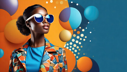 Beautiful african american woman in bright stylish clothes with retro futuristic studio background.