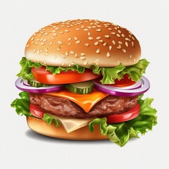 A cheeseburger with lettuce, tomato, onion, and pickles,