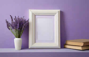 Blank empty picture frame on a lavender colored wall with decorative books and lavender flowers.