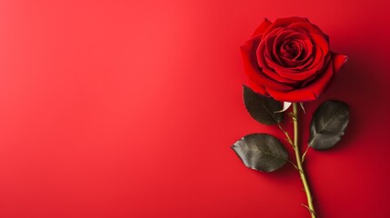 Exquisite single rose on vibrant red background - top view, copy space available
