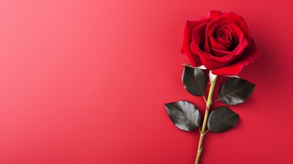 Exquisite single rose on vibrant red background - top view, copy space available
