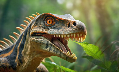Close up portrait of a carnivore velociraptor dinosaur in the jungle.