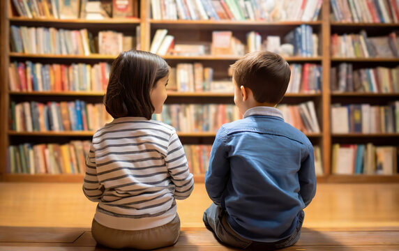 Two children sitting in a bookstore or library with shelves filled with books.