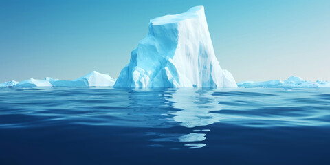 White Iceberg floating in clear blue water sea, under and above water view. Global Warming Concept. Generative AI