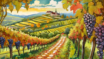 Fototapeta premium Vineyard terraces in France with bunches of blue grapes