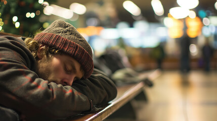 Man asleep at the station amidst busy life.