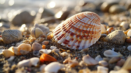Fototapeta premium Seashell among pebbles on the beach.