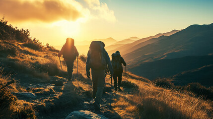 Hikers trekking at sunset in the mountains.