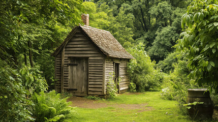 Rustic cabin in a lush green forest clearing.