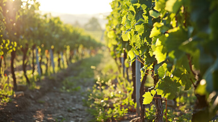 Sunlit vineyard rows in a lush valley.