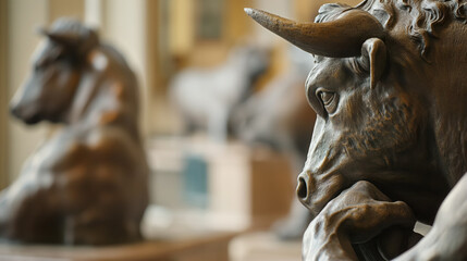 Contemplative bull sculpture in gallery space. - obrazy, fototapety, plakaty