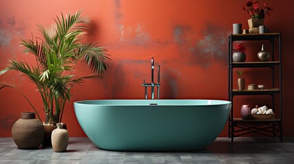 Teal bathtub in a red room with plants and decorations