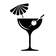 Vector icon. Cocktail with olive, decorated with a cocktail umbrella.