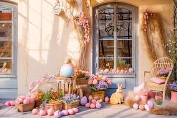 Obraz na płótnie Canvas Porch of a house with a beautiful door decorated for Easter with flowers, eggs and bunnies, Easter card