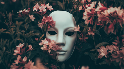 Mask among flowers, enigmatic and concealed.