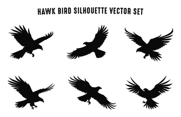 Fototapeta premium Hawk Bird Flying Silhouettes Vector Set, Hawk Birds black Silhouette icon bundle