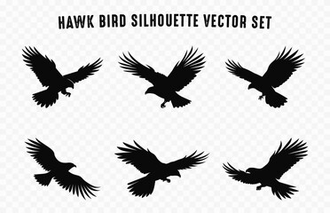 Set of Flying Hawk Bird Vector Silhouettes, Hawk Birds black Silhouette icon bundle