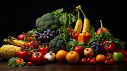 Vibrant studio composition: assorted fresh fruits and vegetables in captivating arrangement

