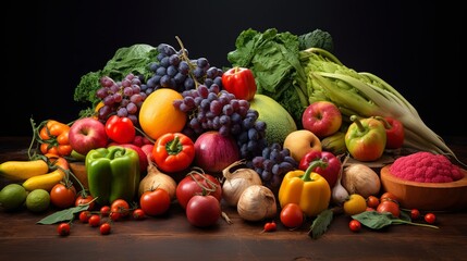 Vibrant studio composition: assorted fresh fruits and vegetables in captivating arrangement

