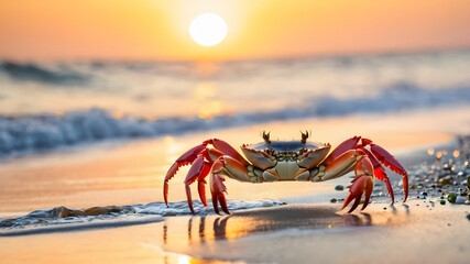 Crab on the beach at sunset. Natural background with copy space.