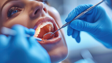 dentist and patient in dental clinic - obrazy, fototapety, plakaty