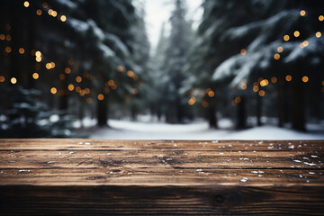 Wooden table and snow forest blurred background. Winter background and empty wooden table. AI