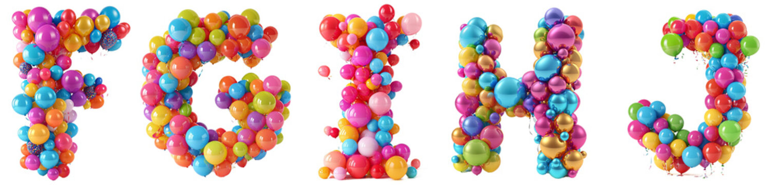 Group of 3d rendering letters F G H I J made of colorful balloons. Funny alphabet isolated on transparent background.