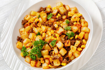 Beef Hash with roasted corn, garlic and parsley