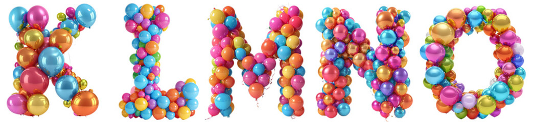 Group of 3d rendering letters K L M N O made of colorful balloons. Funny alphabet isolated on transparent background.