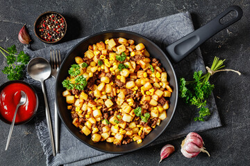 Beef Hash with roasted corn, garlic and parsley