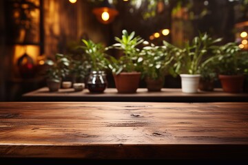 Wooden table on blurred kitchen bench background. Empty wooden table and blurred kitchen background. AI