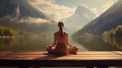 Young Woman Practicing Yoga by a Lake with Stunning Mountain Views