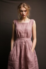 Obraz premium Portrait of a young blonde woman in a pink linen dress