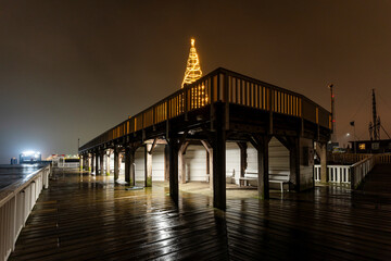 Alte Liebe (Old Love), famous observation deck in Cuxhaven, Germany at the river Elbe at Christmas time at night