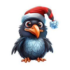 black crow illustration wearing santa hat, christmas animal, on transparent background