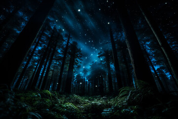 Obraz premium Mystical dark forest with light rays and stars. 